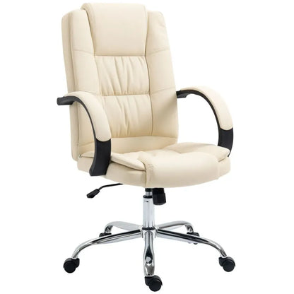 Beige PU Leather Executive Office Chair with High Back and Height Adjustable Feature