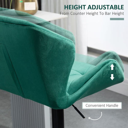 Set of 2 Luxurious Velvet-Touch Bar Stools - Metal Frame, Footrest Base, Green