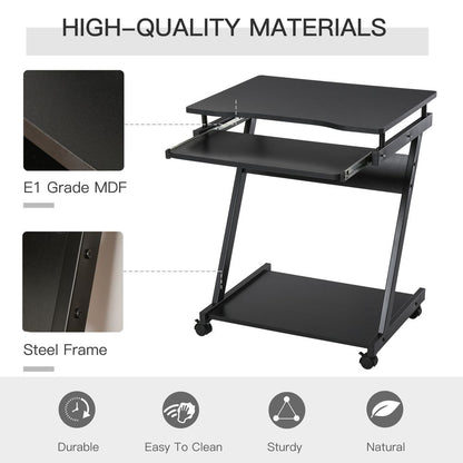 Movable Black Computer Desk with 4 Wheels and Sliding Keyboard Tray for Flexibility