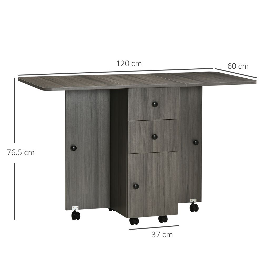 Grey Drop Leaf Dining Table with Storage Drawers, Ideal for Compact Dining Spaces