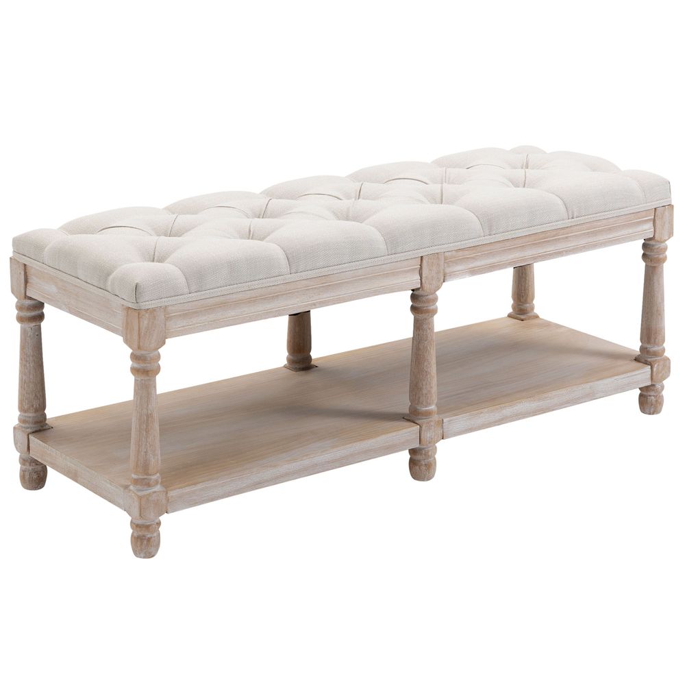 Cream White 2-Tier Bed End Bench with Vintage Button Tufted Seat for Timeless Appeal