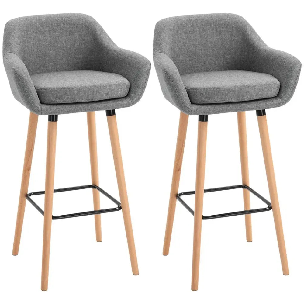 2 Modern Upholstered Fabric Bar Stools - Bucket Seat, Solid Wood Legs, Grey