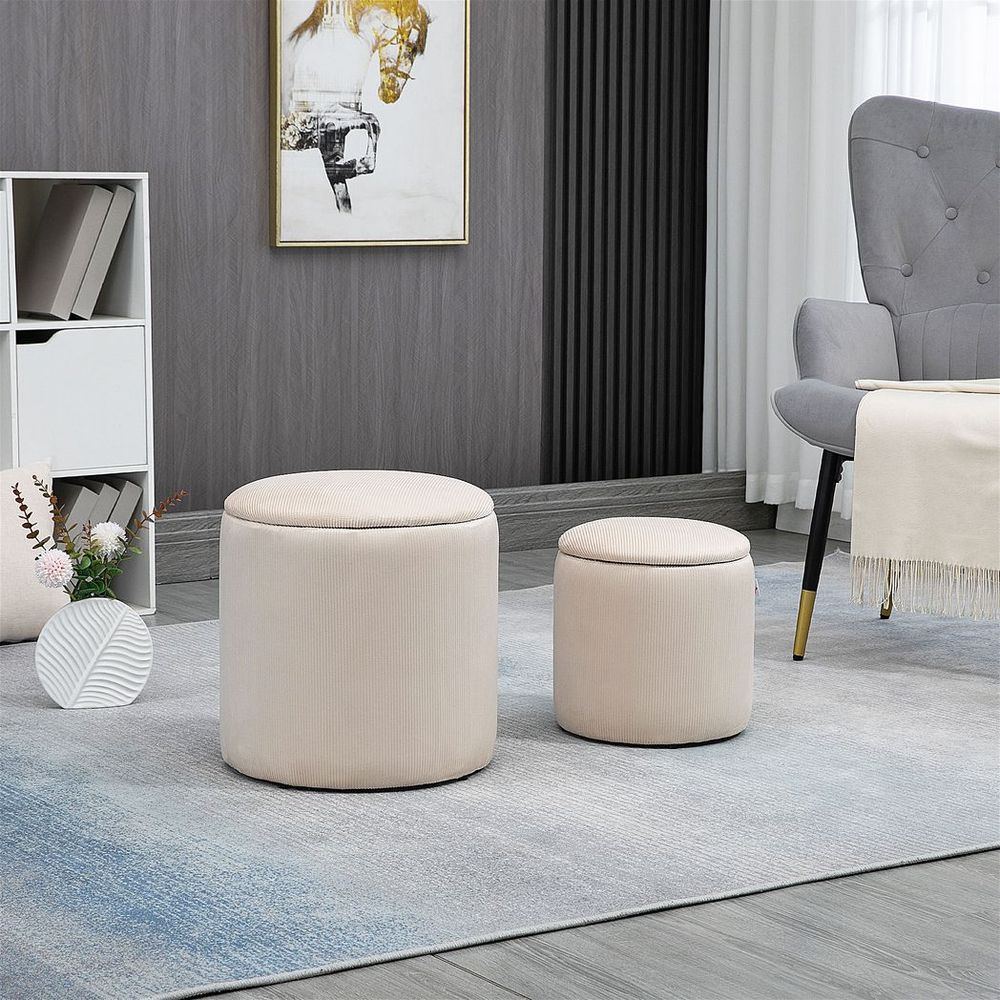 Set of 2 Modern Fabric Storage Ottomans with Removable Lid and Cream White Finish