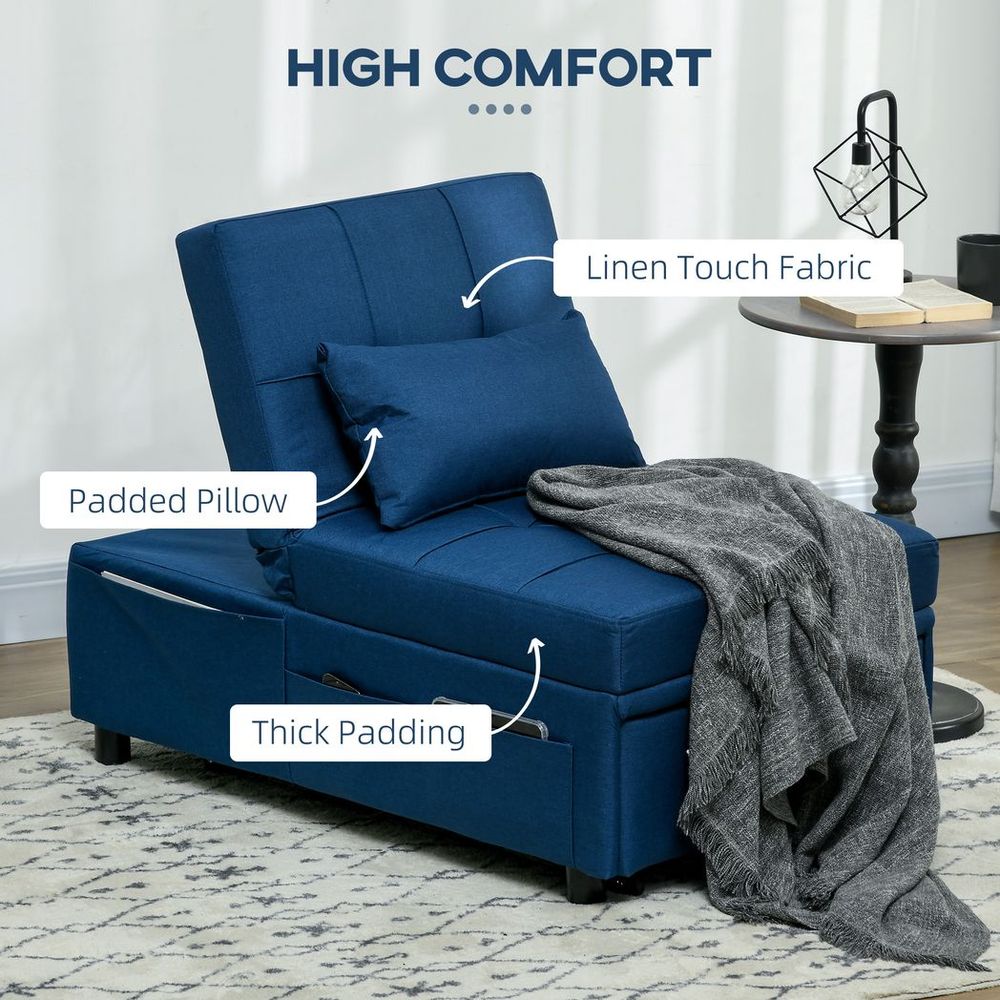 Adjustable Folding Sofa Bed with Pillow and Side Pocket, Blue