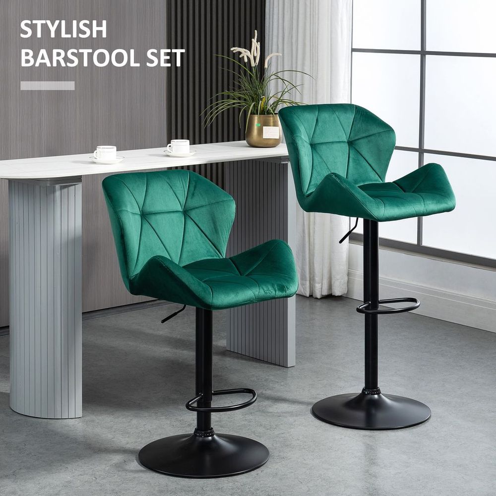 Set of 2 Luxurious Velvet-Touch Bar Stools - Metal Frame, Footrest Base, Green