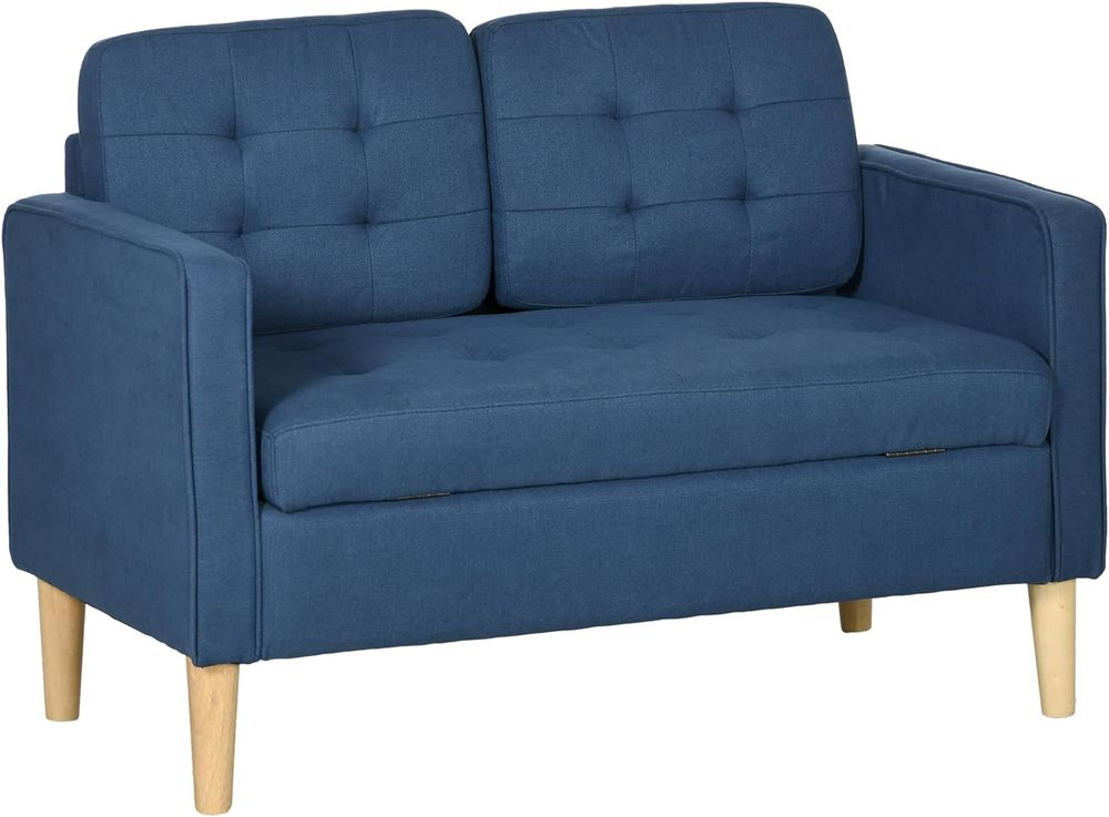 Compact Blue Loveseat Sofa: 2-Seater with Storage & Wooden Legs