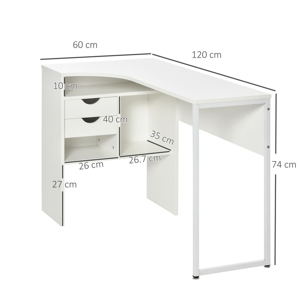 White L-Shaped Corner Computer Desk with Storage Shelf for Study or Home Office