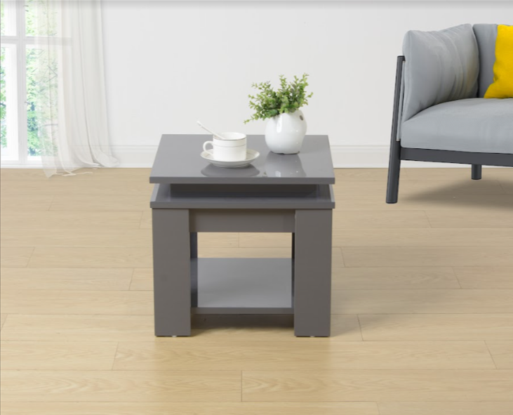 Grey Square Side Table with Blue LED Light, Contemporary Style