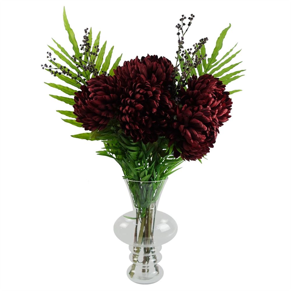 95cm Red Chrysanthemum Artificial Flowers in Glass Bubble Vase