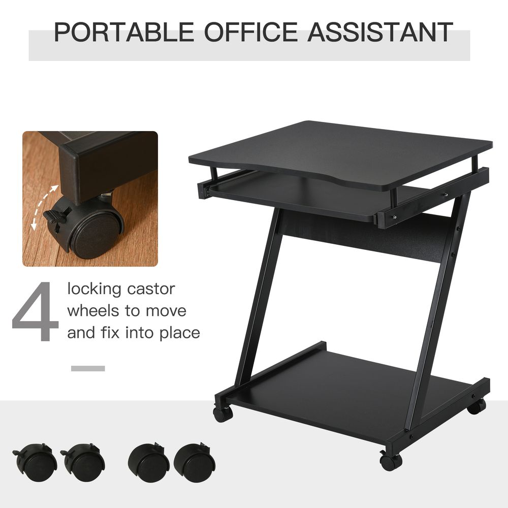 Movable Black Computer Desk with 4 Wheels and Sliding Keyboard Tray for Flexibility