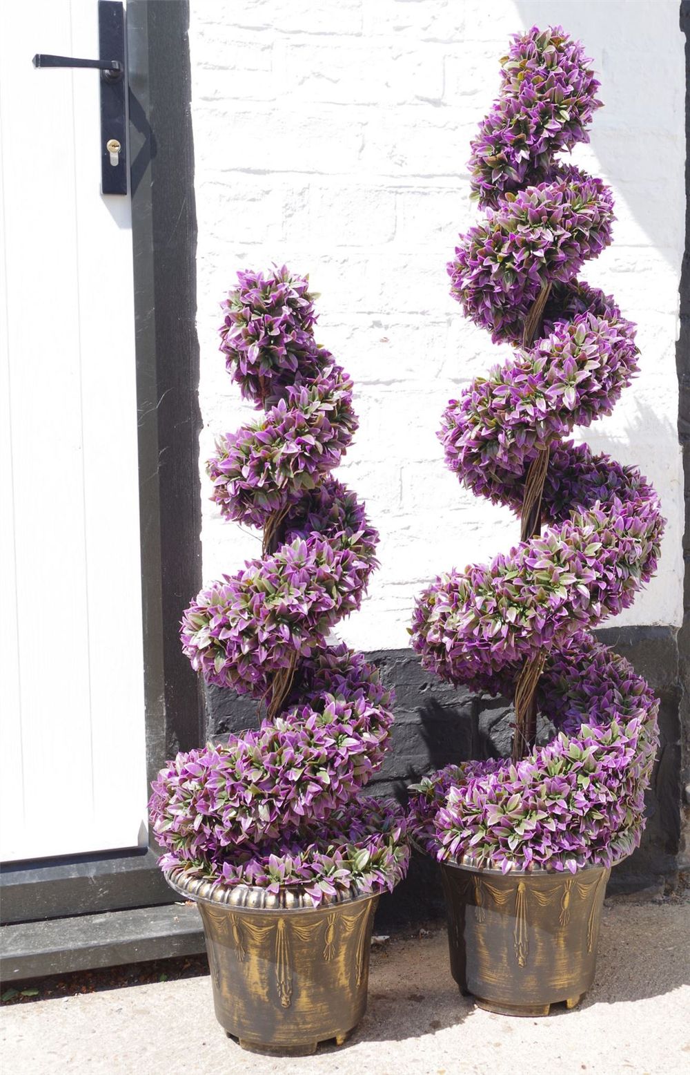 90cm Pair of Purple Large Leaf Spiral Topiary Trees with Decorative Planters for Stunning Decor