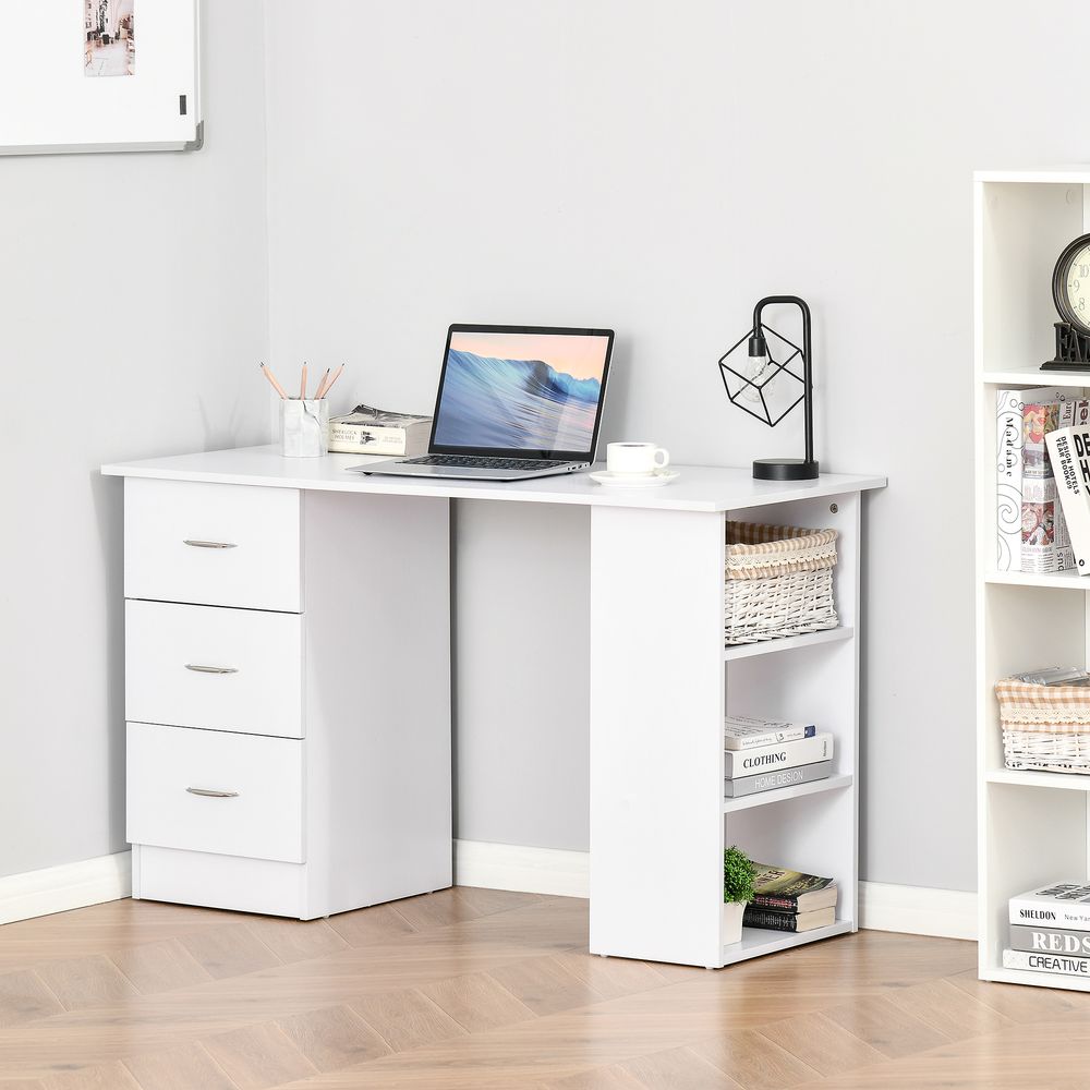 120cm White Computer Desk Workstation with 3 Shelves and Drawers for Organised Home Office Use