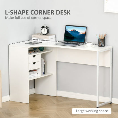 White L-Shaped Corner Computer Desk with Storage Shelf for Study or Home Office