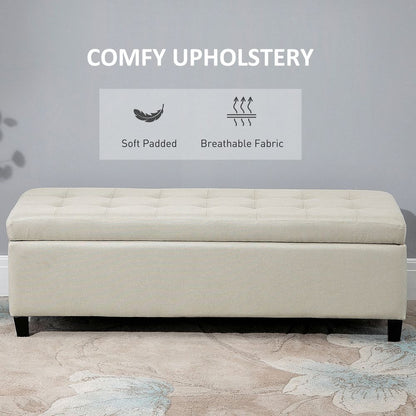 Padded Linen Storage Ottoman Bench with Tufted Hinged Lid and Wooden Frame
