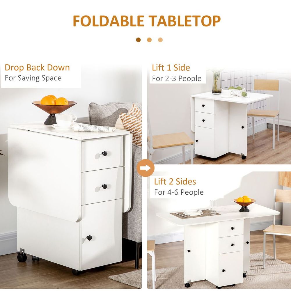 White Drop Leaf Dining Table with Storage Drawers, Perfect for Small Dining Areas