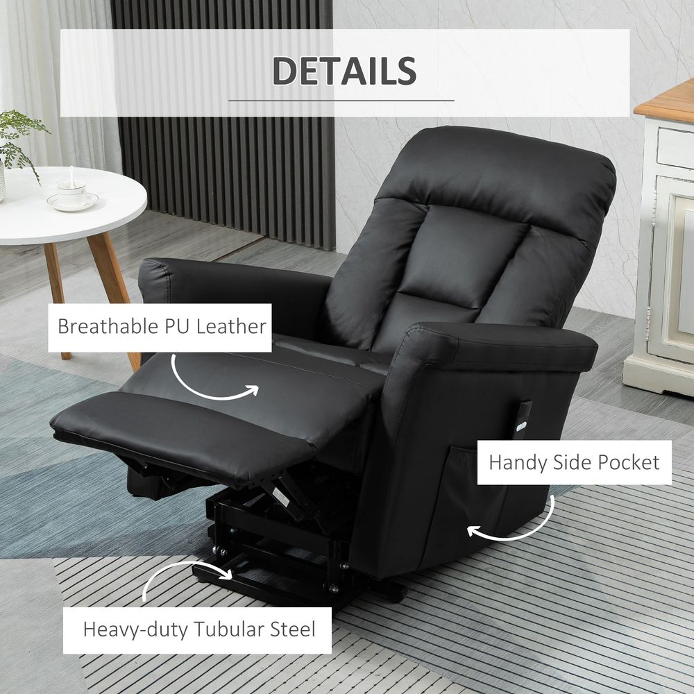 Black PU Leather Power Lift Recliner with Side Pocket for Storage and Comfort