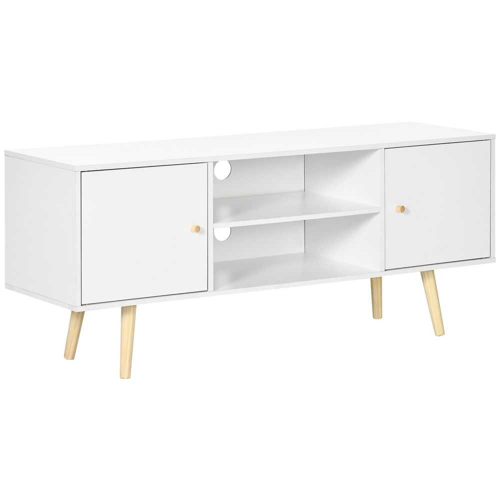 White TV Stand Cabinet with Wood Legs and Cable Management for Living Room Style