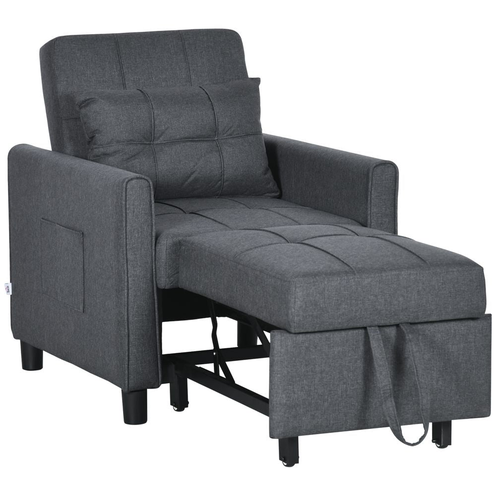 Grey Pull-Out Sleeper Chair Bed with Pillow and Handy Side Storage Pockets