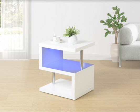 3-Layer White Coffee Table with Blue LED Light, Modern Illumination