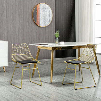 Set of 2 Gold Tone Metal Wire Dining Chairs with Back for Kitchen