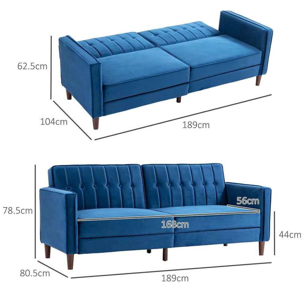 Blue Split Back Convertible Velvet-Touch Sofa Bed, Stylish Futon for Comfort