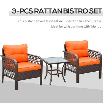 3-Piece Orange Rattan Bistro Set with Glass Top - Cosy Patio Charm!