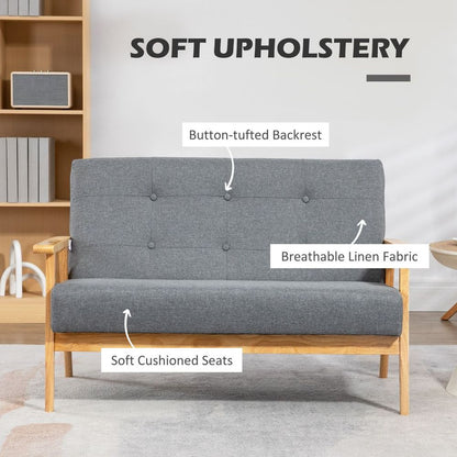 Modern 2-Seater Sofa with Upholstery and Rubber Wood Legs, Dark Grey