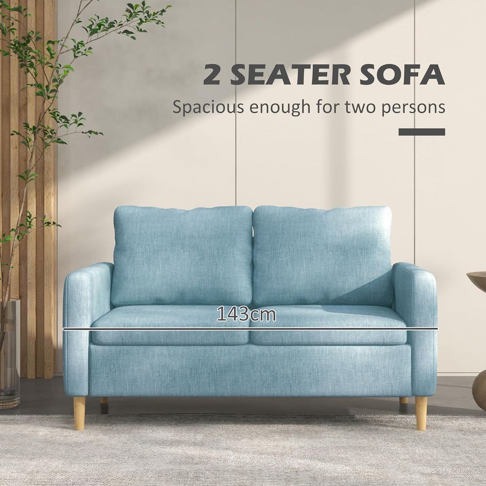 2-Seater Modern Fabric Sofa with Wood Legs and Dual Pockets in Blue