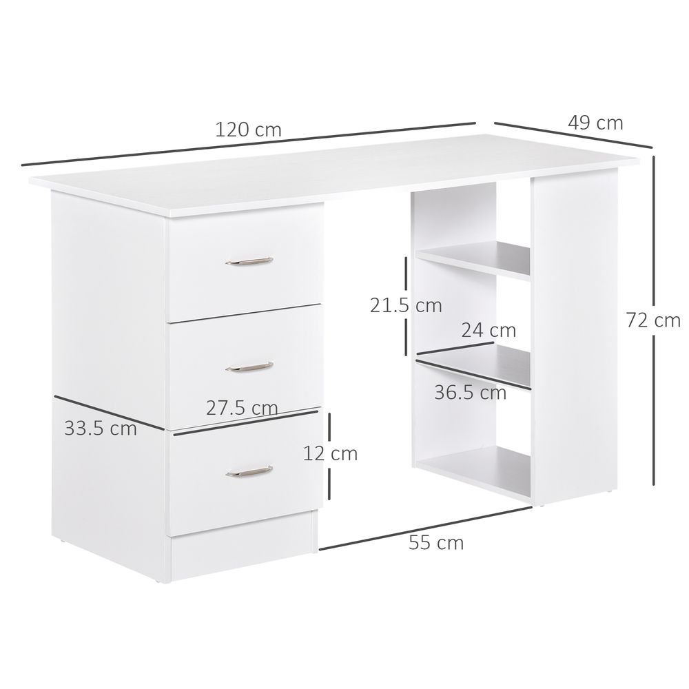 120cm White Computer Desk Workstation with 3 Shelves and Drawers for Organised Home Office Use