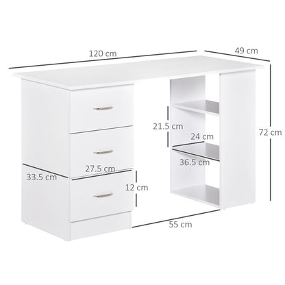 120cm White Computer Desk Workstation with 3 Shelves and Drawers for Organised Home Office Use