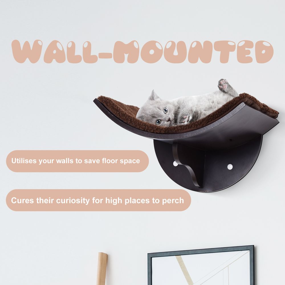 Wall-Mounted Wood Cat Shelf with Curved Climber and Berber Fleece Kitten Bed