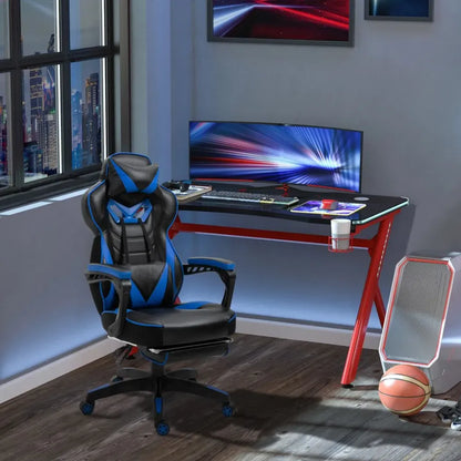 Ergonomic Blue Gaming Chair with Manual Footrest and Wheels for Stylish Offices