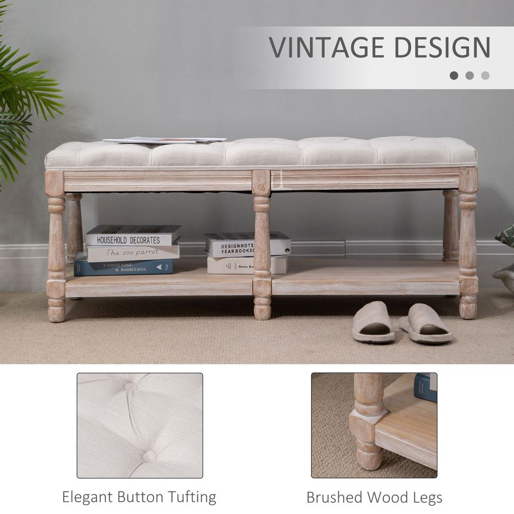 Cream White 2-Tier Bed End Bench with Vintage Button Tufted Seat for Timeless Appeal