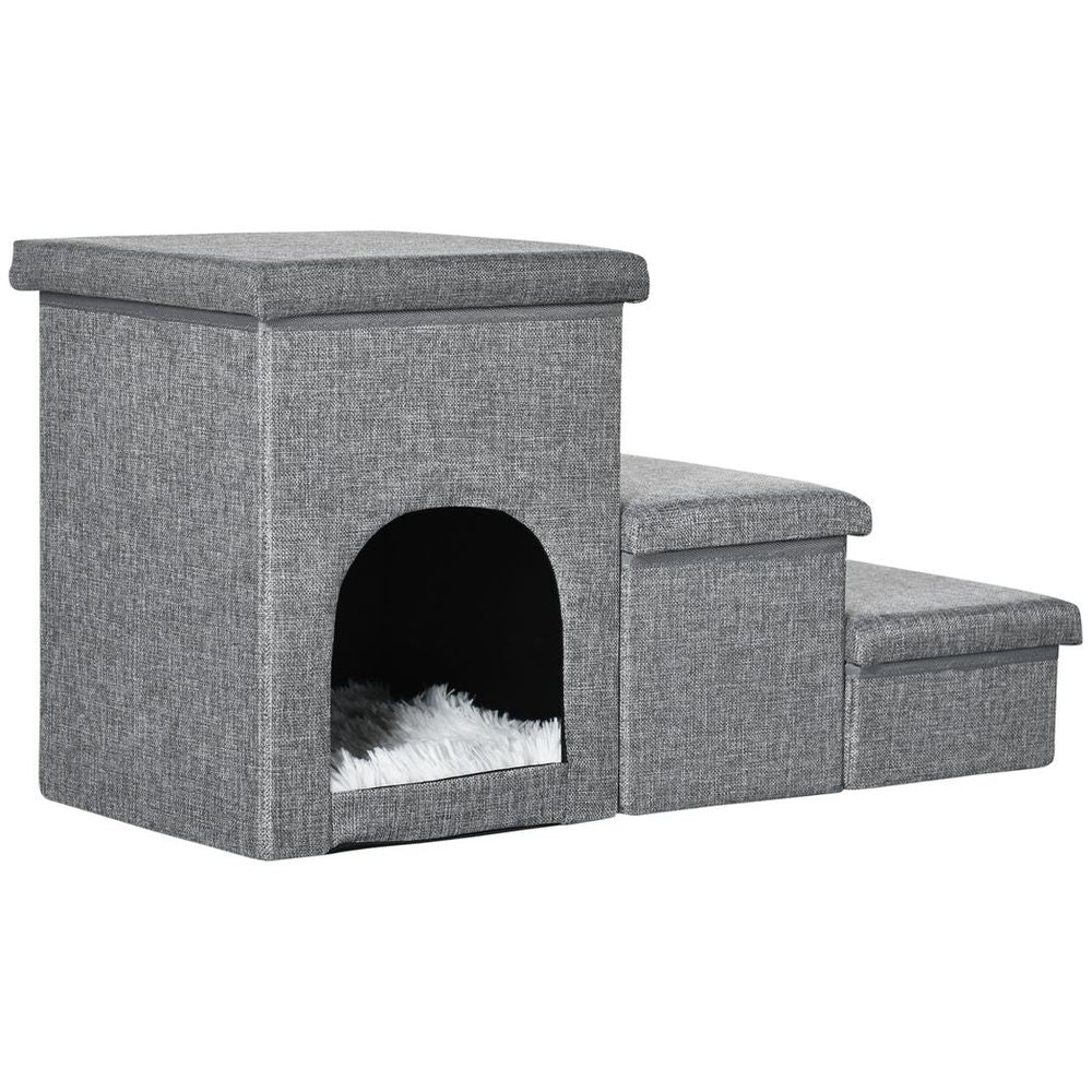 3-Step Grey Dog Steps for Bed with Cat House Storage Boxes for Sofa