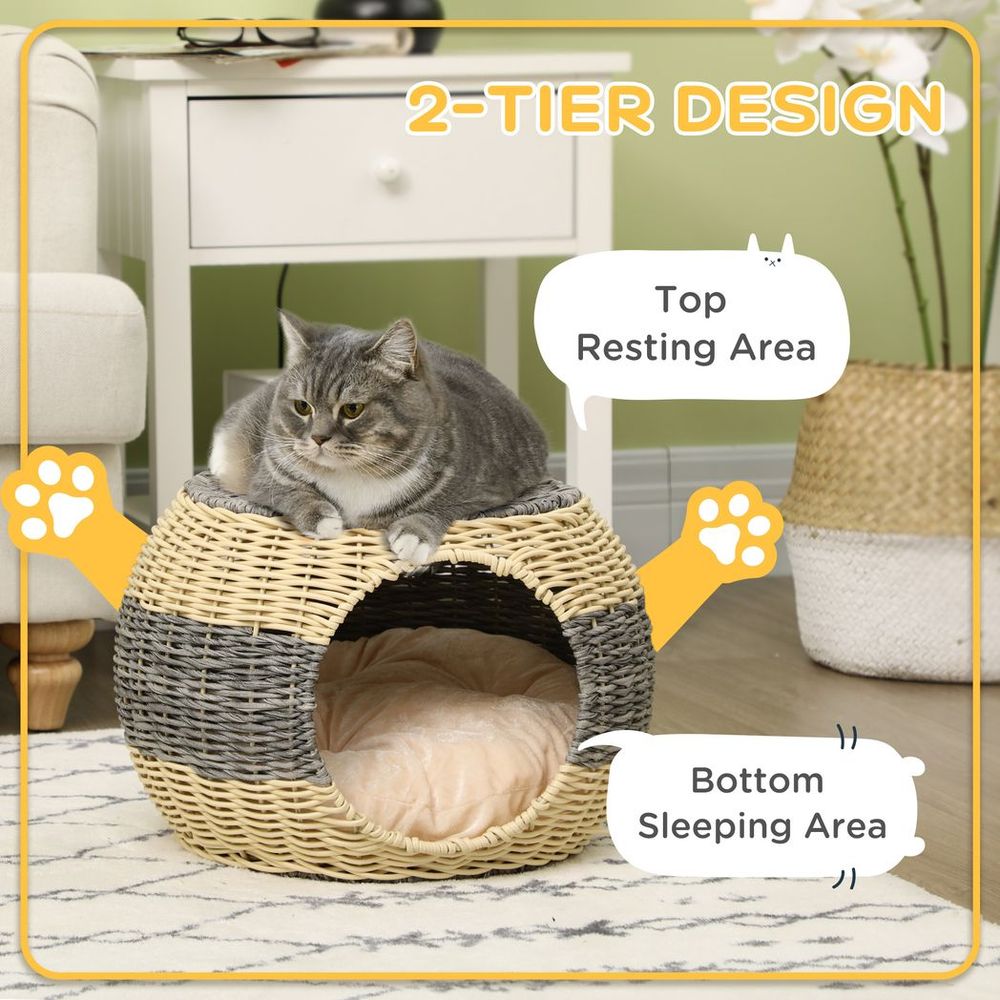 Rattan Raised Cat House with Soft Cushion, 40x30cm for Cozy Cat Comfort