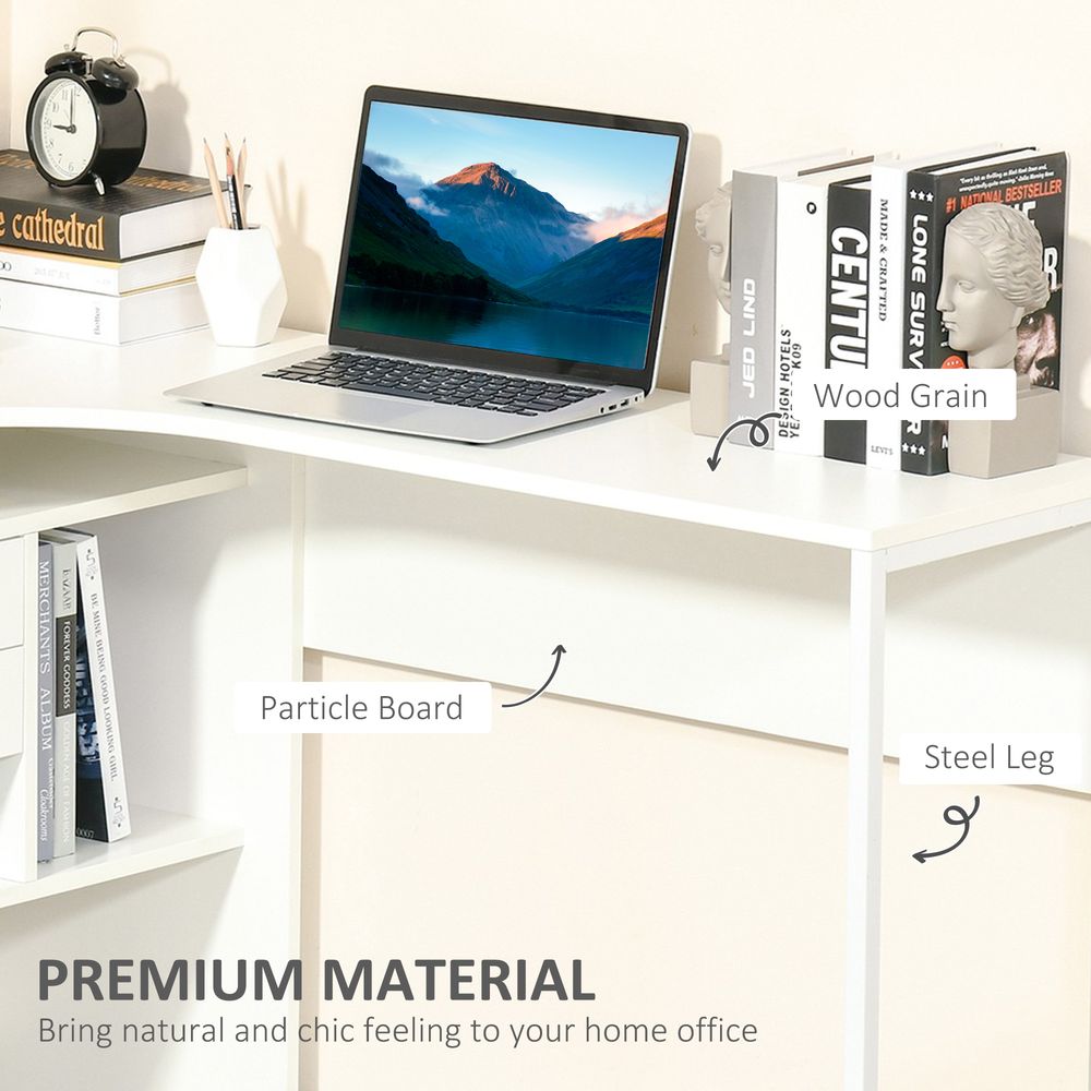 White L-Shaped Corner Computer Desk with Storage Shelf for Study or Home Office