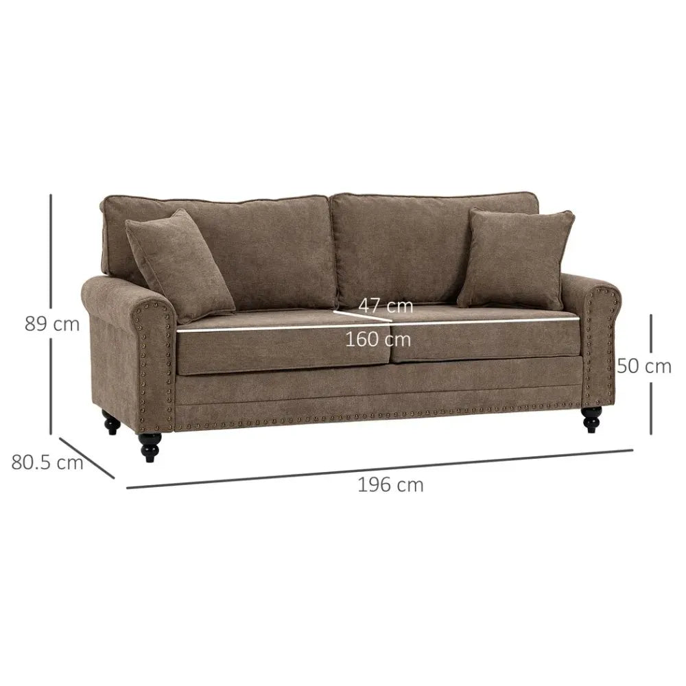 2-Seater Fabric Sofa - Brown with Nailhead Trim, Cushions, and Throw Pillows