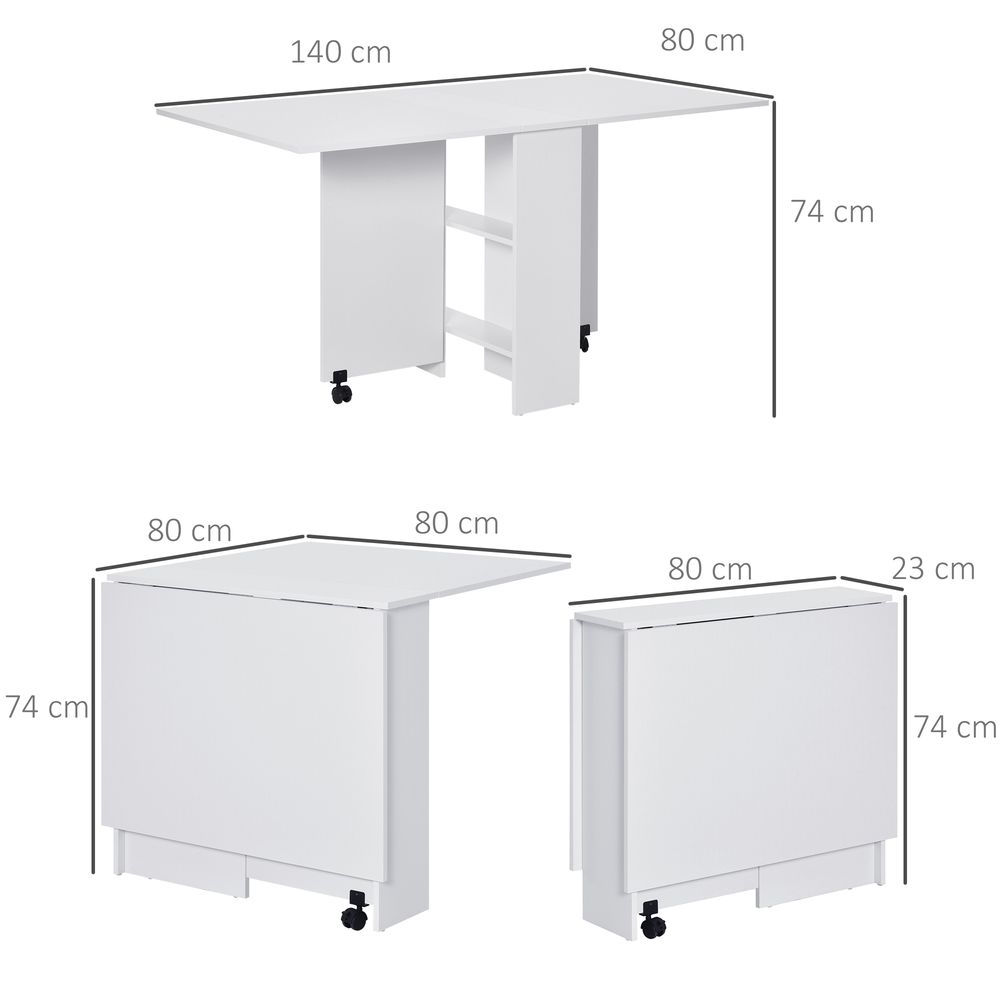 Kitchen Folding Desk - Mobile Drop Leaf Dining Table with Wheels and Storage Shelves