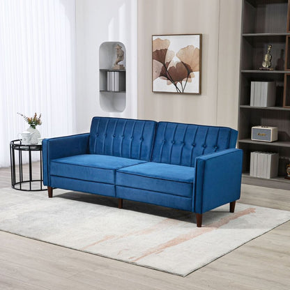 Blue Split Back Convertible Velvet-Touch Sofa Bed, Stylish Futon for Comfort