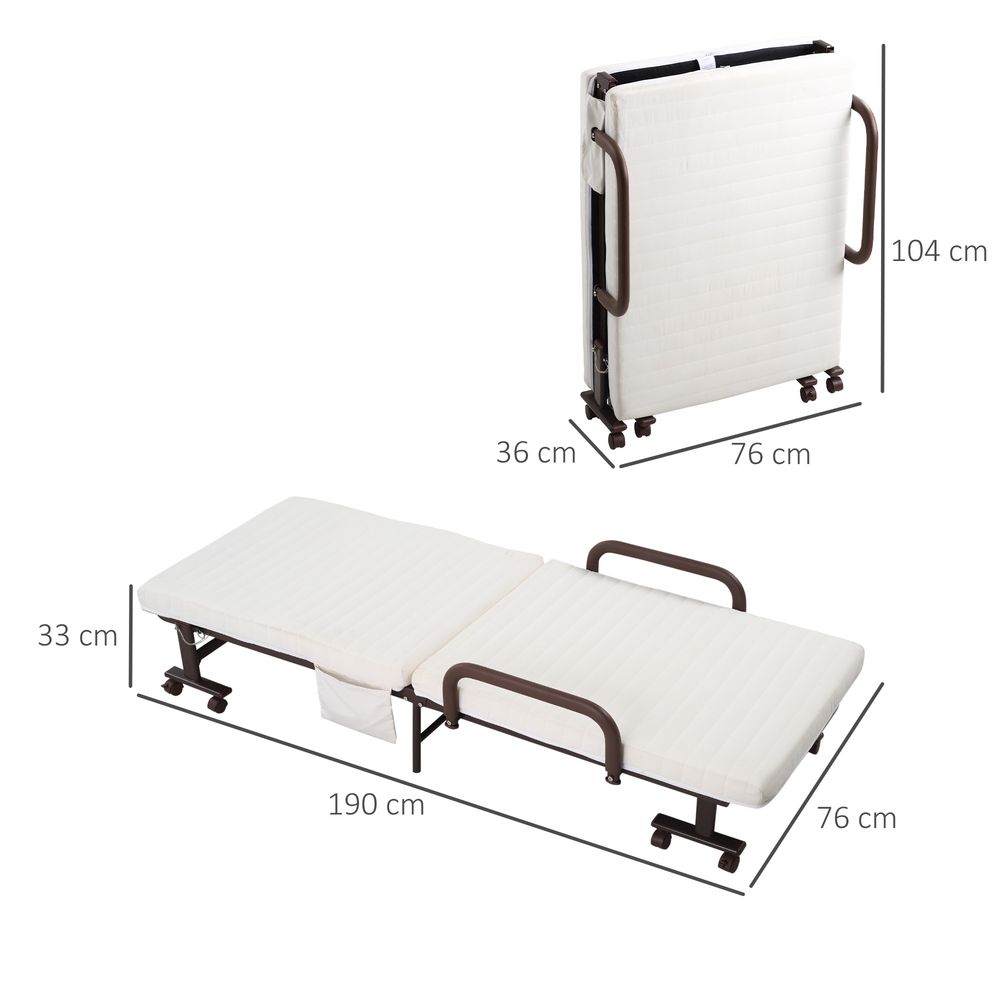 Brown Folding Bed with Mattress and Wheels, Adjustable Backrest for Comfortable Guest Sleep