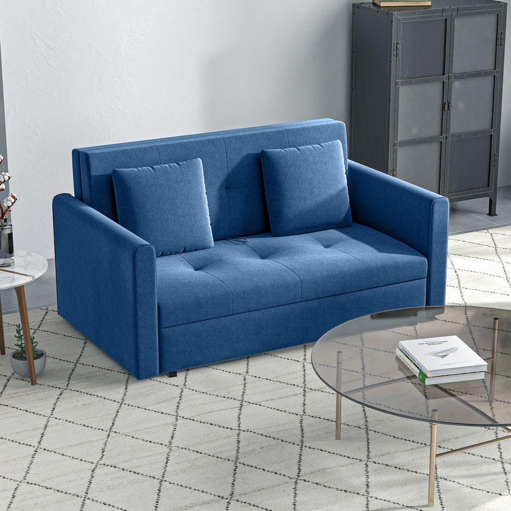 Blue 2-Seater Sofa Bed with Storage and 2 Cushions for Versatile Living Room Use