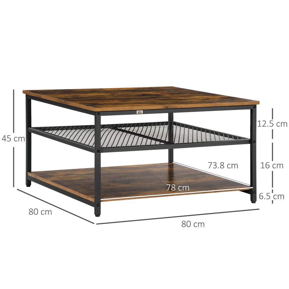 Rustic Brown Industrial Coffee Table with Storage Shelves and Cocktail Design