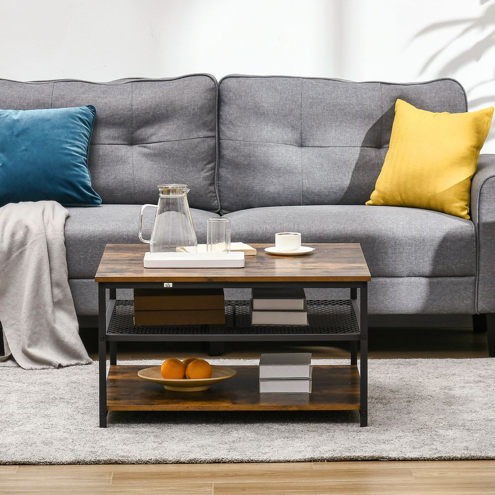 Rustic Brown Industrial Coffee Table with Storage Shelves and Cocktail Design