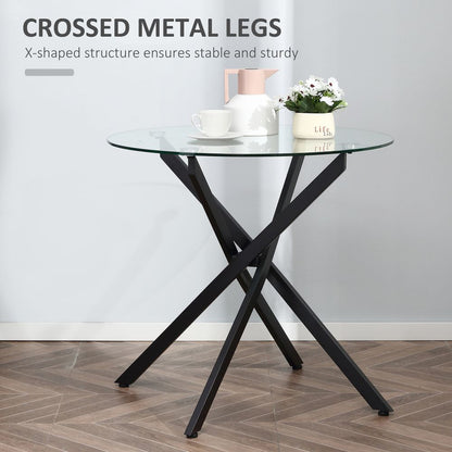 Clear Glass Side Table with Round Metal Base, Black Dining Table