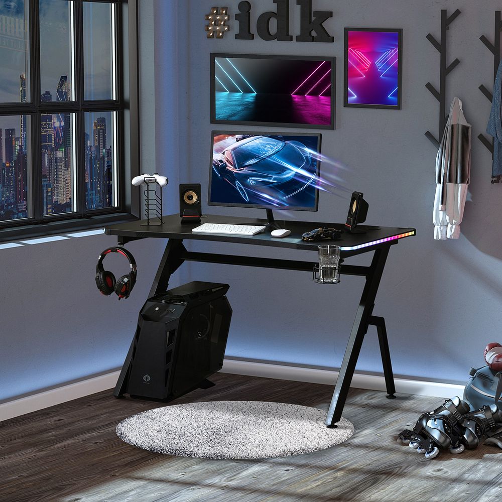 Black Racing Gaming Desk Workstation with RGB LED Lights and Hook for Accessories