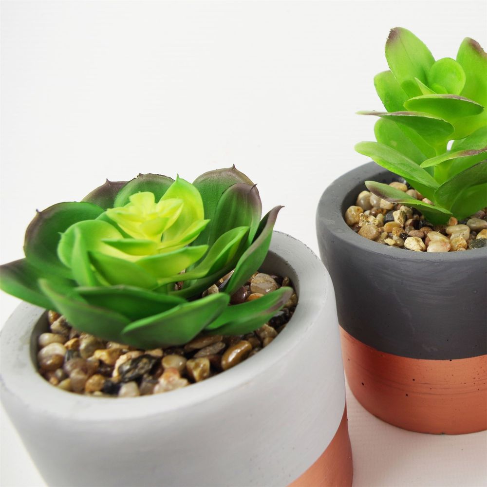 Set of Three 14cm Stoneware Planters with Artificial Succulents and Copper Accents