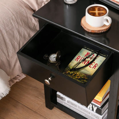 Black MDF 2-Tier Side Table with Drawer - Stylish Storage Solution for Homes