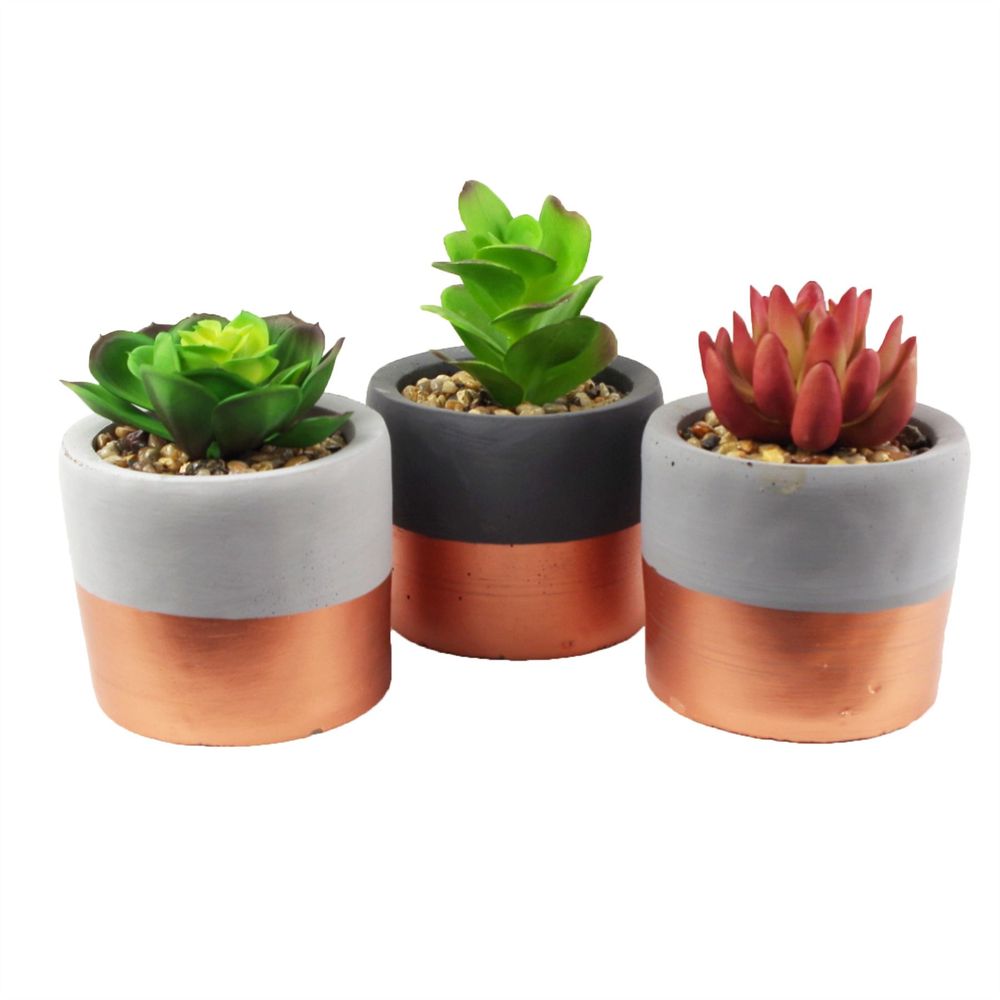 Set of Three 14cm Stoneware Planters with Artificial Succulents and Copper Accents