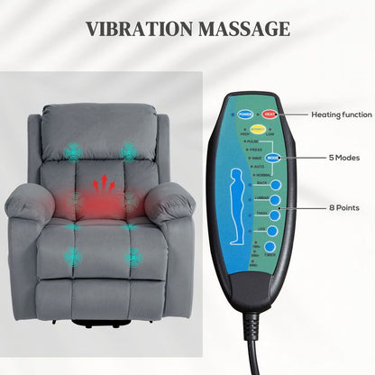 Grey Lift Chair Riser Recliner Featuring Vibration Massage and Heating Function