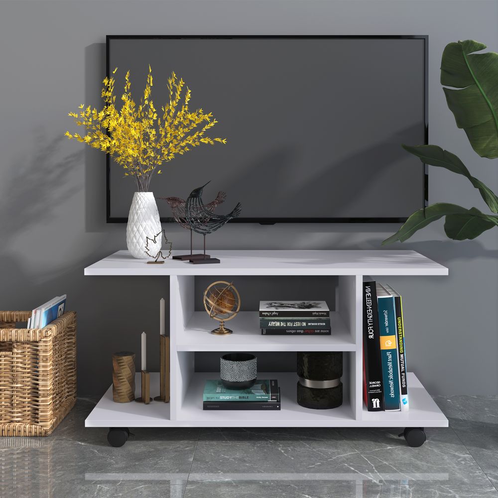 Modern White TV Stand Bookshelf Cabinet with 3 Tiers and Wheels